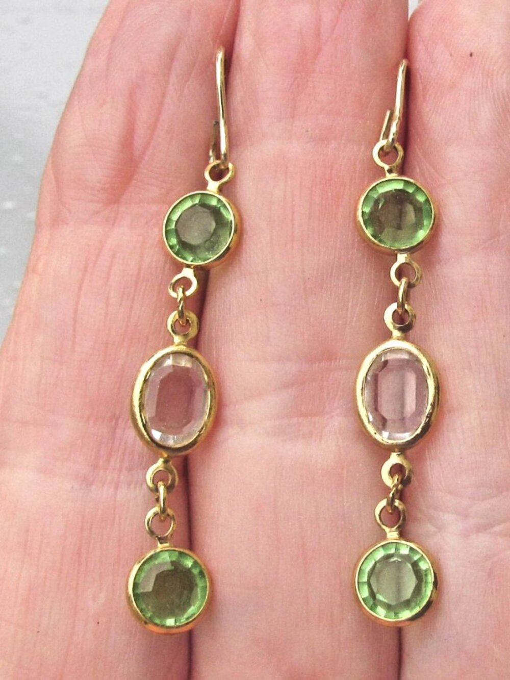 Vintage Green & Crystal Dangle Sterling Silver Vermeil Long Dangle Earrings